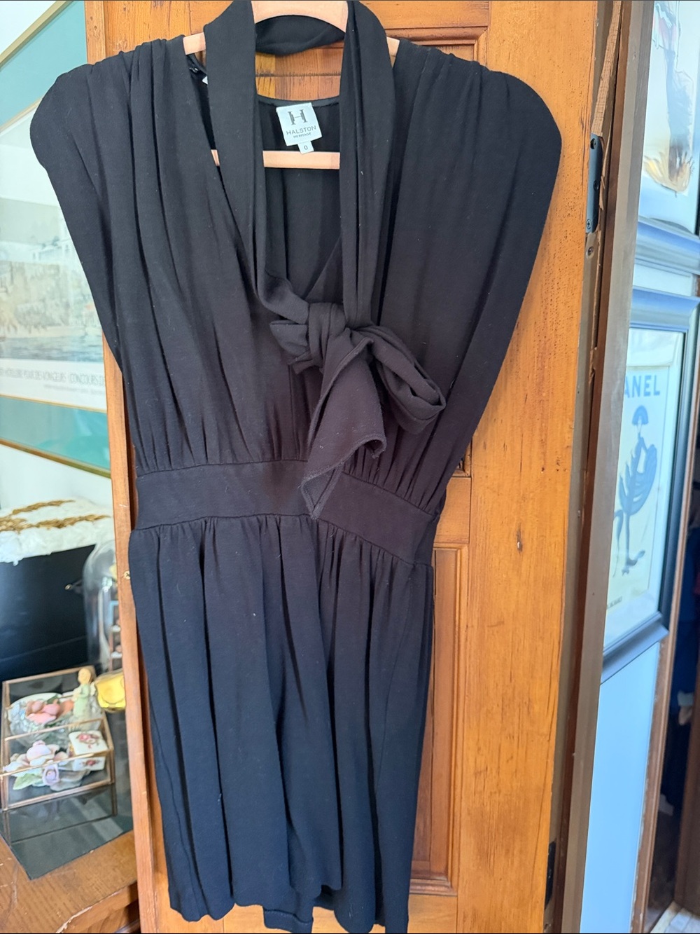 H by Halston Black Sleeveless Pleated Mini Dress with Neck Tie